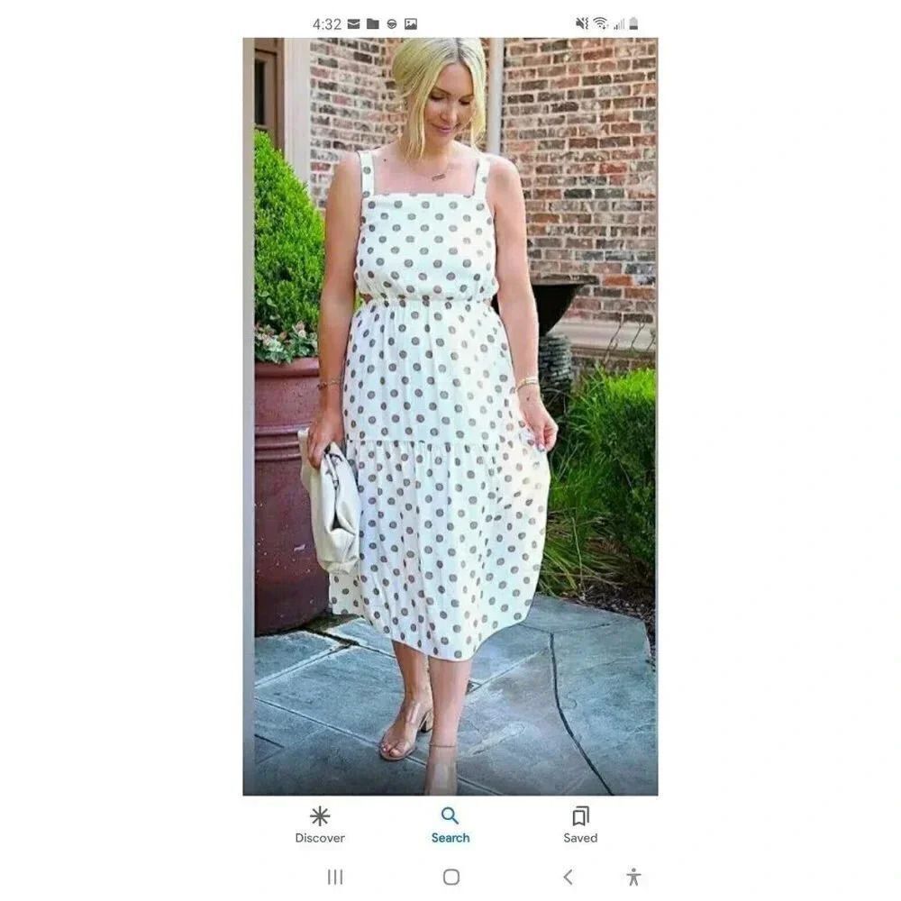 Somewherelately Dress White Brown Polka Dots Adjustable Straps Cutout Si…